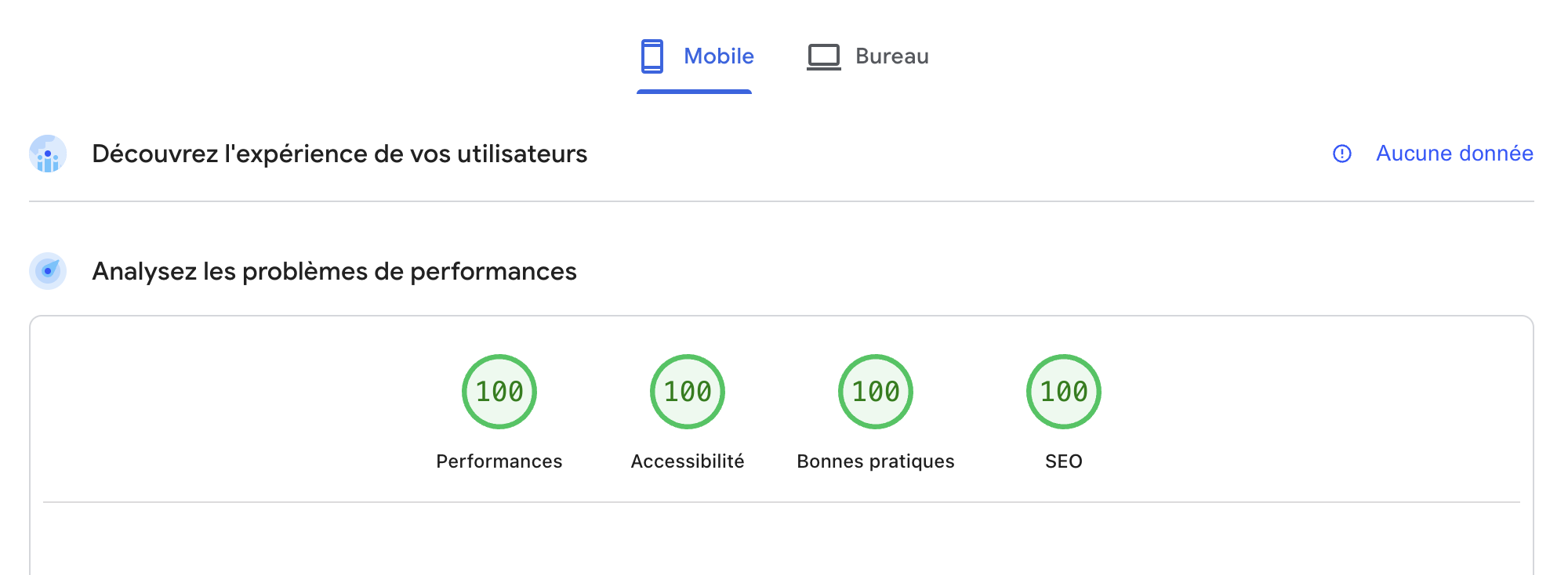 Score PageSpeed Insights 100/100 sur mobile — Performance, Accessibilité, Bonnes pratiques, SEO