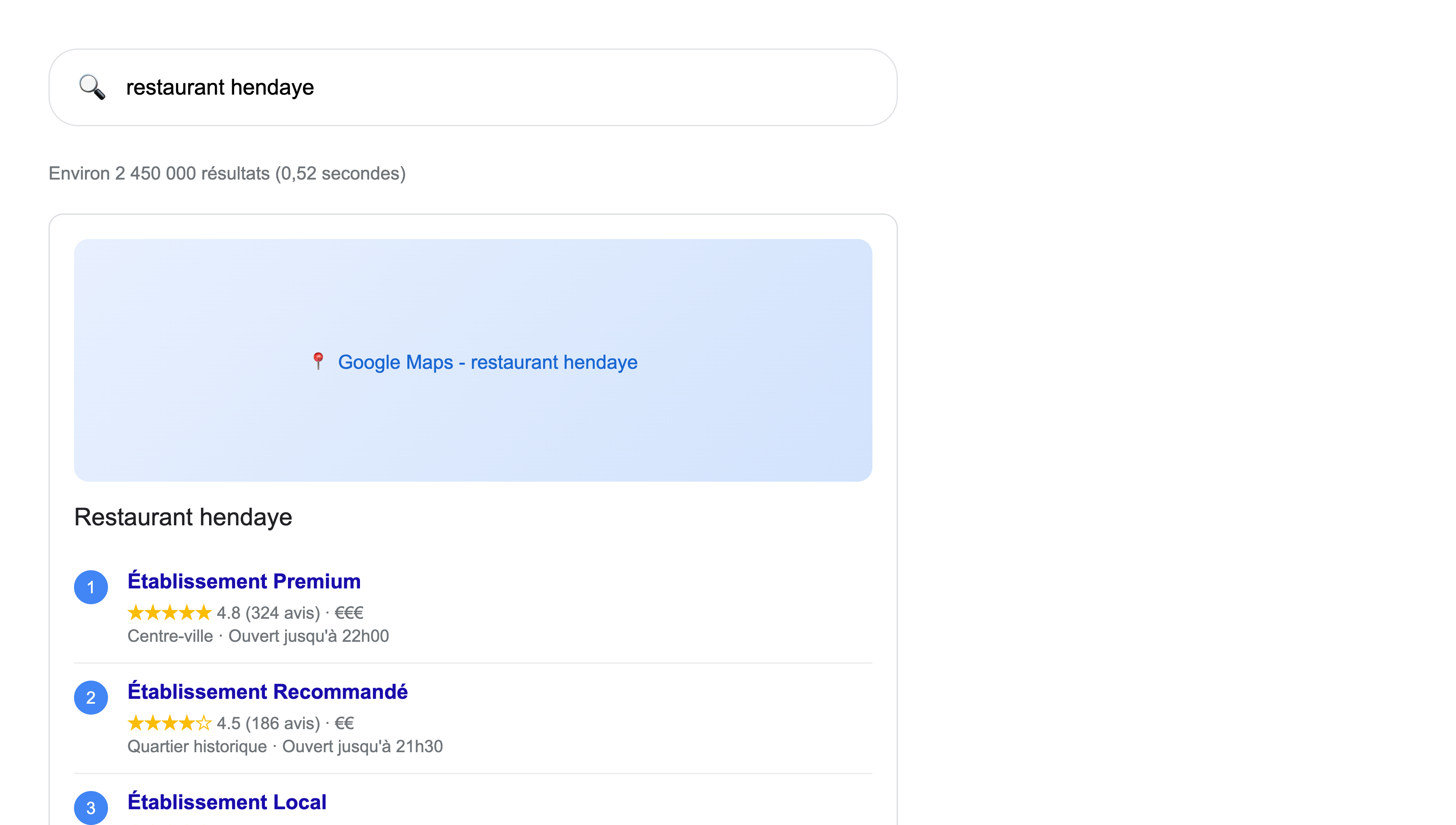 Résultats de recherche Google pour restaurant Hendaye - Pack local Google Maps