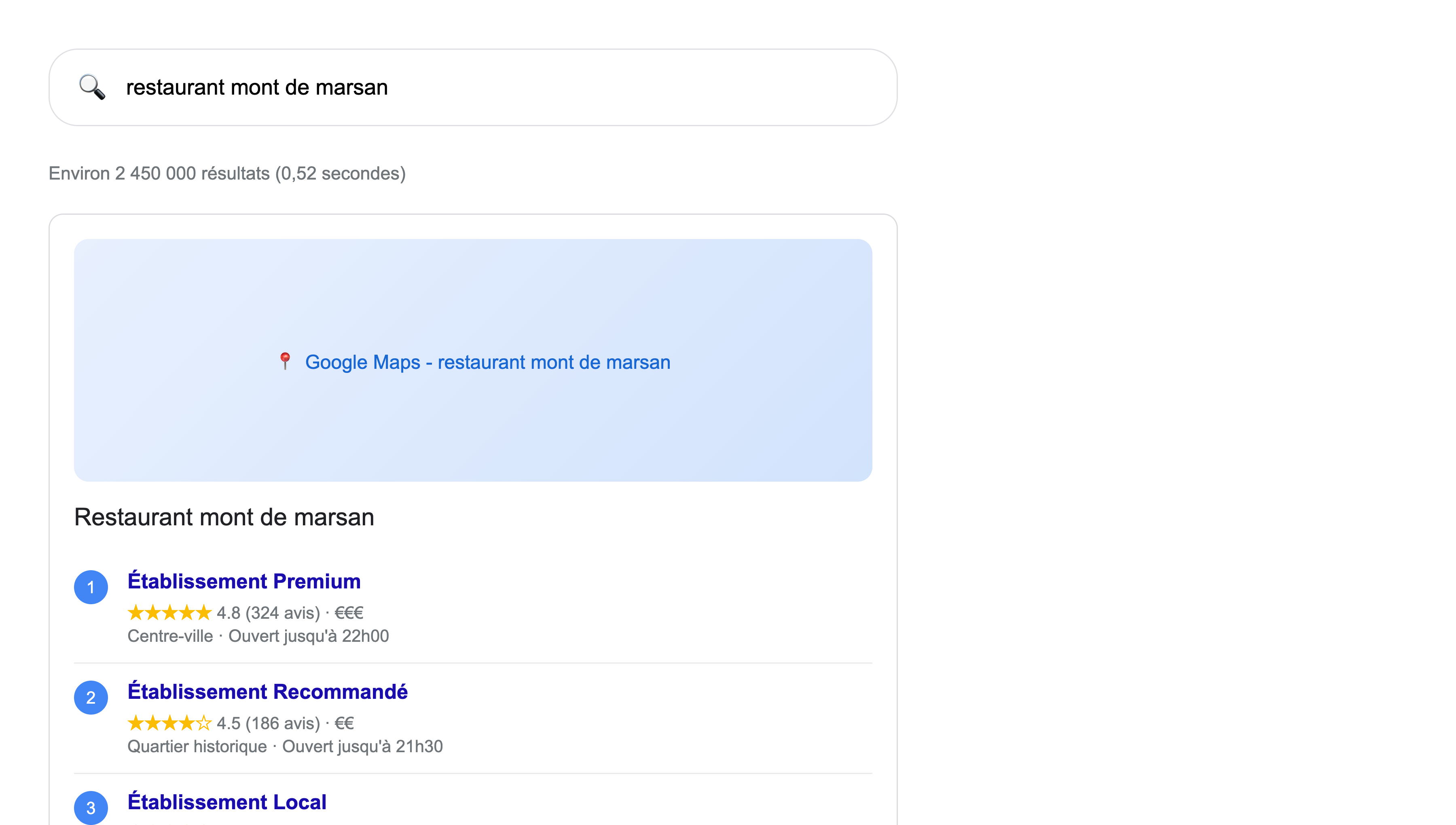 Résultats de recherche Google pour restaurant Mont-de-Marsan - Pack local Google Maps